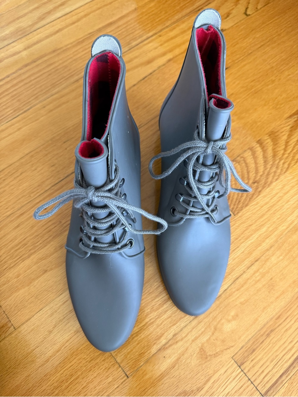 Loeffler Randall Gray Lace-Up Rubber (rain boots) Ankle Boots with Red Lining
